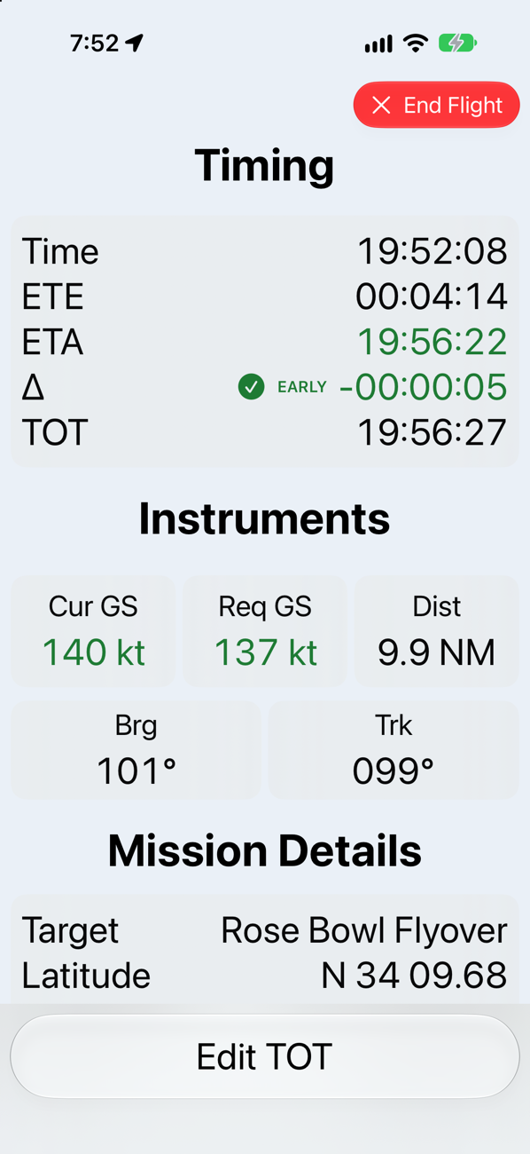 The in-flight screen: time, ETE, ETA, five seconds early against the TOT, current and required groundspeed, distance, bearing and track