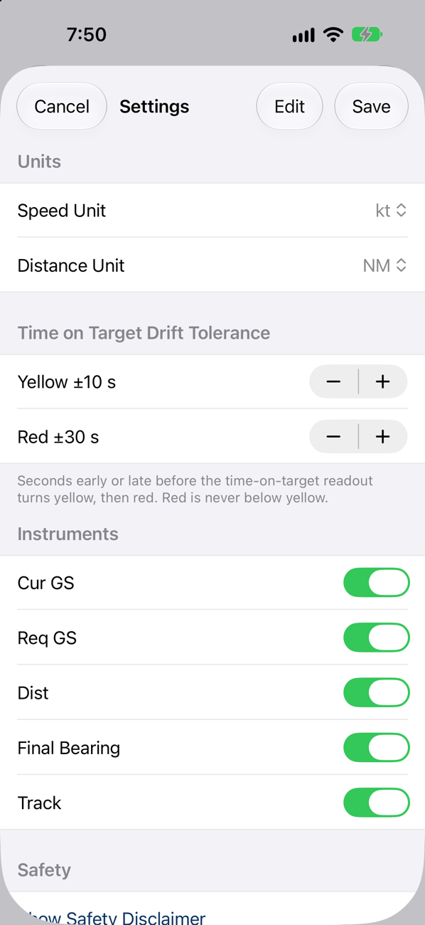 Settings for units, early and late tolerances, and which instruments to show